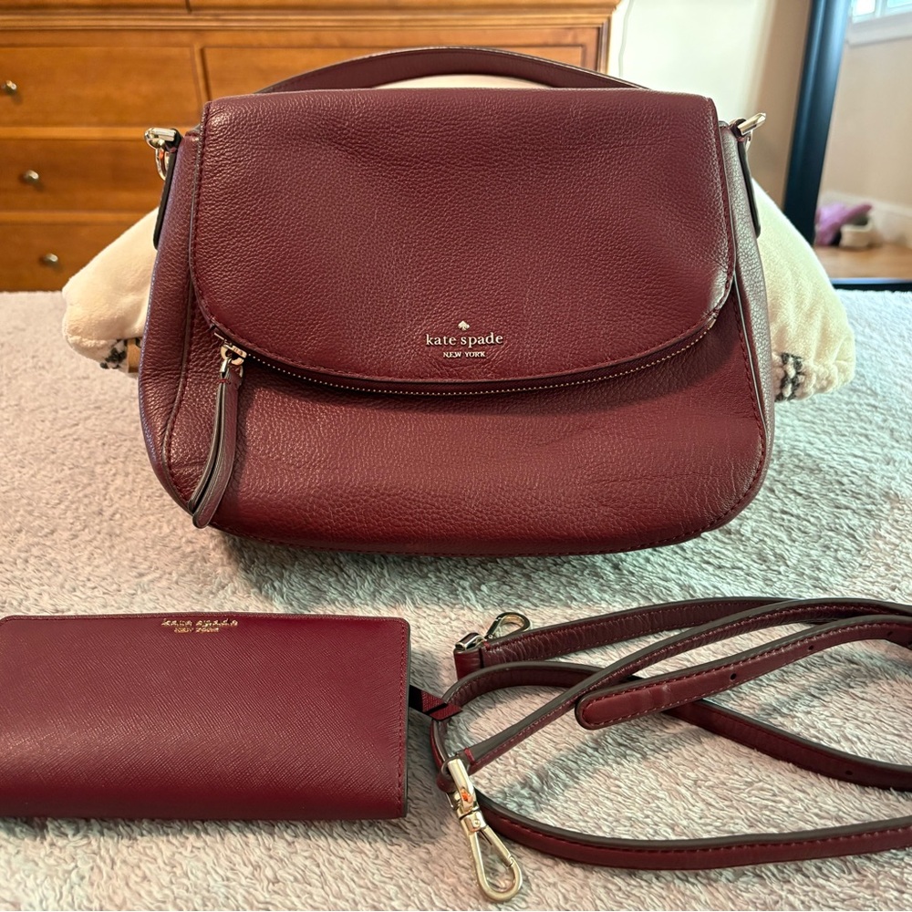 Kate Spade Deep Red Shoulder Bag, matching Wallet w/detachable shoulder strap.